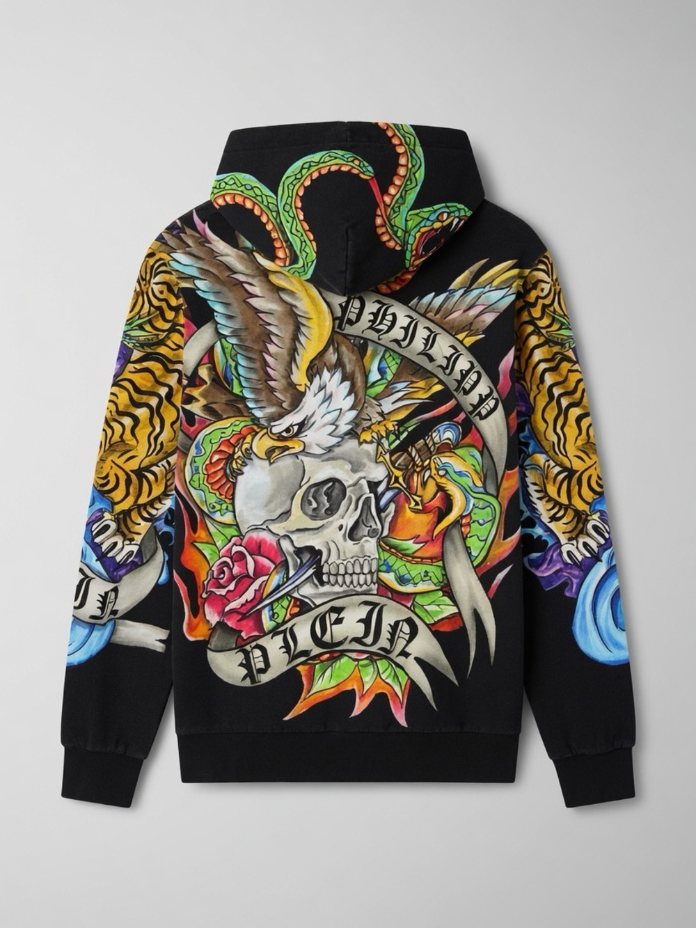 Philipp Plein Black Crewneck Hoodie with Multicolor Tattoo-Style Print